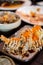 Tempura Fried Japanese Food, Fried Shrimp on the Clay Tray at Japanese Restaurant.