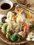 Tempura. scallop, shrimp, squid, vegetable and sauce appetizer