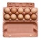 Ten chicken eggs in a carton. White isolated background. Close-up.