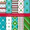 Ten Christmas geometrical seamless patterns in blue, red, green colours with snowmen, snow trees, snowflakes, stars and gifts