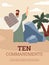 Ten commandments banner or poster with Biblical Moses flat vector illustration.