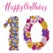 Ten digit made of different flowers. Floral element of colorful alphabet made from flowers. Happy birthday inscription. Vector ill