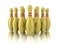 Ten golden bowling pins on white