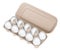Ten white chicken eggs in an open cardboard package, vector illustration
