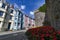 Tenby street scene with medieval wall in Pembrokeshire