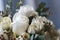 Tender beautiful wedding bouquet closeup, peach color roses and decoration, selective focus