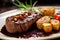 Tender beef tenderloin with roasted potatoes and a red wine reduction