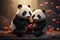 In a tender embrace, two cute pandas radiate romance with hearts