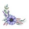 Tender flower decor with blue anemone, eucalyptus, lavender, fern. Watercolor illustration. Anemone flower vintage style