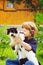 Tender moment between little boy and his feline friend cat. Focus on a cat.