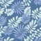 Tender pale blue and green tropical leaves seamless pattern.
