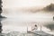 Tender romanitc sentimental female lady in the morning on a wooden pier near the misty river in a white dress