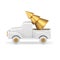 Tender white glossy pickup carrying golden luxury minimalist Xmas spruce realistic vector