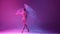 Tender young girl in beige bodysuit performing, dancing ballet with transparent fabric against gradient pink purple