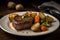 tenderloin steak, seared and juicy on the inside, topped with seasoned potatoes and vegetables