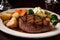 tenderloin steak, seared and juicy on the inside, topped with seasoned potatoes and vegetables
