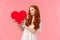 Tenderness, sensuality and relationship concept. Charming lovely redhead caucasian girl in tender white dress, looking