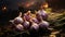 Tenebrist recreation of a classic still life of purple garlics heads with fire at background