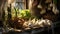 Tenebrist still life of garlic heads together a rustic window kitchen at sunset