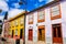 Tenerife. Colourful houses and lantern on street in La Laguna