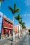 Tenerife. Colourful houses and palm trees on street in Puerto de la Cruz town, Tenerife