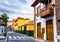 Tenerife. Colourful houses on street in Puerto de la Cruz town,