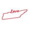 Tennessee US state red outline map with the handwritten LOVE word. Vector illustration