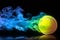 Tennis ball emits colorful smoke, symbolizing creativity and athleticism