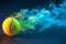 Tennis ball emits colorful smoke, symbolizing creativity and athleticism