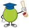 Tennis Ball Faceless Cartoon Mascot Character With Graduate Cap Holding A Diploma