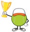 Tennis Ball Faceless Cartoon Mascot Character With Hat Holding A Trophy Cup.