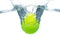 Tennis Ball falls into water and creates air bubbles on surface. Tennis green Ball drop hit smash to clear water and deep to