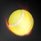 Tennis Ball In Fire Vector Realistic. Burning Tennis Ball. Transparent Background