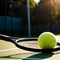 Tennis ball and racket on hard court under sunlight. Generative AI