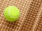Tennis ball on racket strings