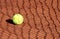 Tennis ball on a tennis clay court with net shadow