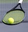 Tennis ball on tennis racket and blurred tennis court in background. Sport game and active healthy lifestyle concept