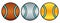 Tennis balls colored in bronze, silver and gold with light blue diamond or glass colored shiny stripes. Badges or medals for winni