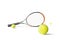 Tennis balls and racquet isolated the white background