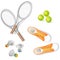 Tennis balls, tennis rackets, shuttlecocks for playing bodyminton and sports shoes. Tennis design over a white