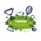 Tennis banner on speech bubble with grunge racket, t-shirt, championship cup