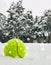 Tennis christmas ball on the snow on Christmas trees background, and falling snowflakes Sports card. Merry Christmas and Happy New