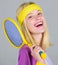 Tennis club concept. Girl adorable blonde play tennis. Sport for maintaining health. Athlete hold tennis racket in hand