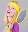 Tennis club concept. Girl adorable blonde play tennis. Sport for maintaining health. Athlete hold tennis racket in hand