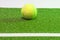 Tennis coconcept. Ball, line and grenn grass tennis court.horizontal image