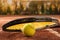 Tennis concept with racket and ball on clay court