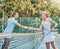 Tennis court, women and sports handshake for competition outdoor for fitness, exercise and training. Friends shaking