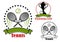 Tennis emblems with balls, rackets and cup
