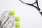 Tennis, Fitness, healthy lifestyle. Tennis ball, racket and shoes isolated background. Top view