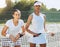 Tennis focus, serious women and woman athlete ready for competitive double game. Portrait of fitness and sports exercise